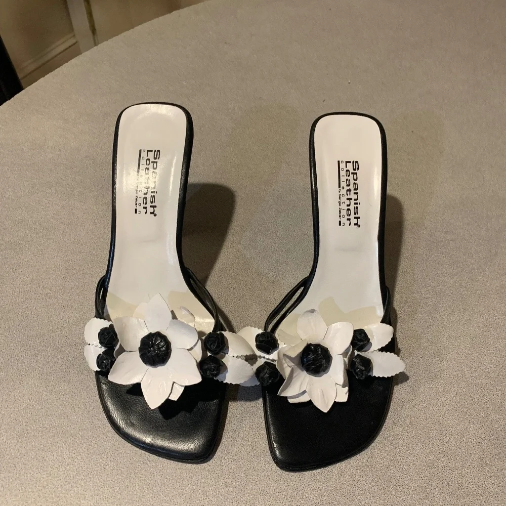 Sergio Zelcer Spanish Leather Collection Black/White Slide Sandals sz 8 M